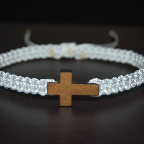 Cross Bracelet,Wood Cross Bracelet,Braided Bracelet,White Bracelet - Picture 1 of 2